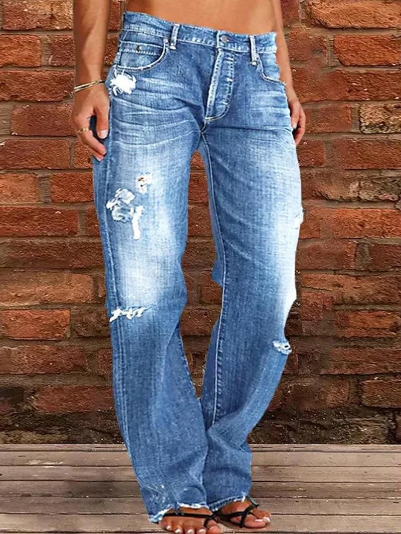 Women's Mid Waist Straight Leg Jeans – Stretchy Distressed Ripped Raw Hem | Washed Vintage Denim, Ankle/Long Length With Pockets, Zipper/Button Fly