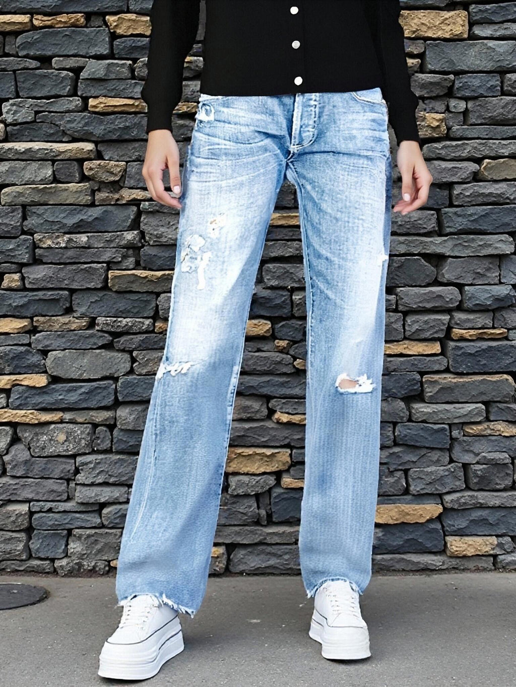 Women's Mid Waist Straight Leg Jeans – Stretchy Distressed Ripped Raw Hem | Washed Vintage Denim, Ankle/Long Length With Pockets, Zipper/Button Fly