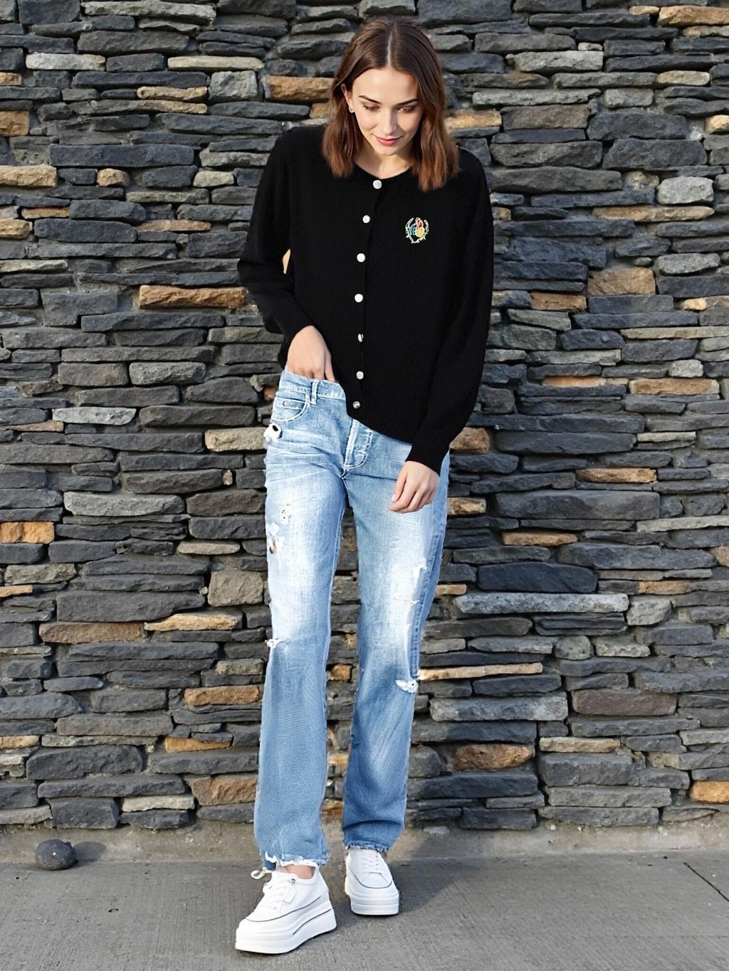 Women's Mid Waist Straight Leg Jeans – Stretchy Distressed Ripped Raw Hem | Washed Vintage Denim, Ankle/Long Length With Pockets, Zipper/Button Fly