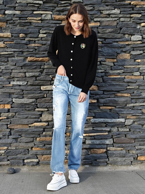 Women's Mid Waist Straight Leg Jeans – Stretchy Distressed Ripped Raw Hem | Washed Vintage Denim, Ankle/Long Length With Pockets, Zipper/Button Fly