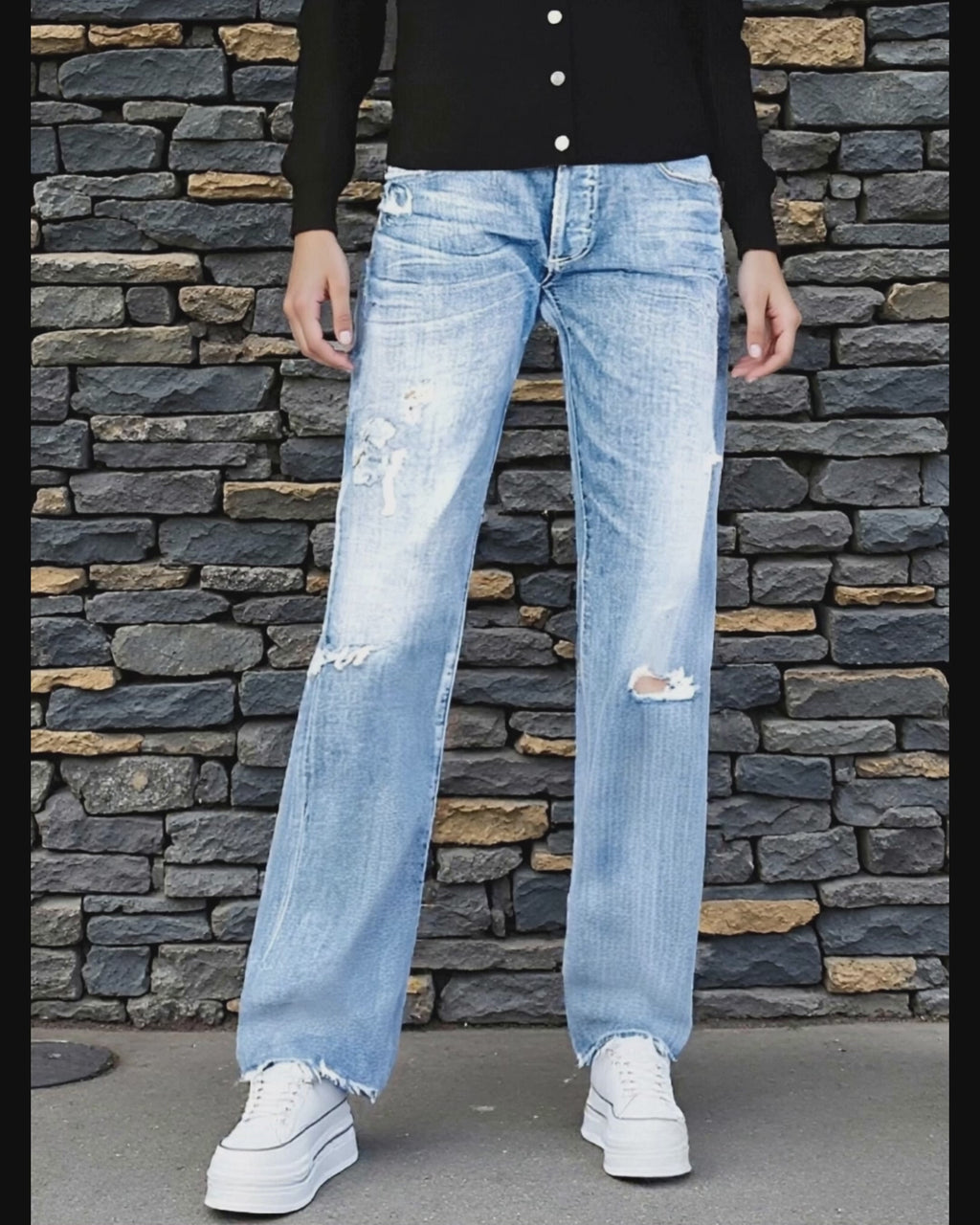 Women's Mid Waist Straight Leg Jeans – Stretchy Distressed Ripped Raw Hem | Washed Vintage Denim, Ankle/Long Length With Pockets, Zipper/Button Fly